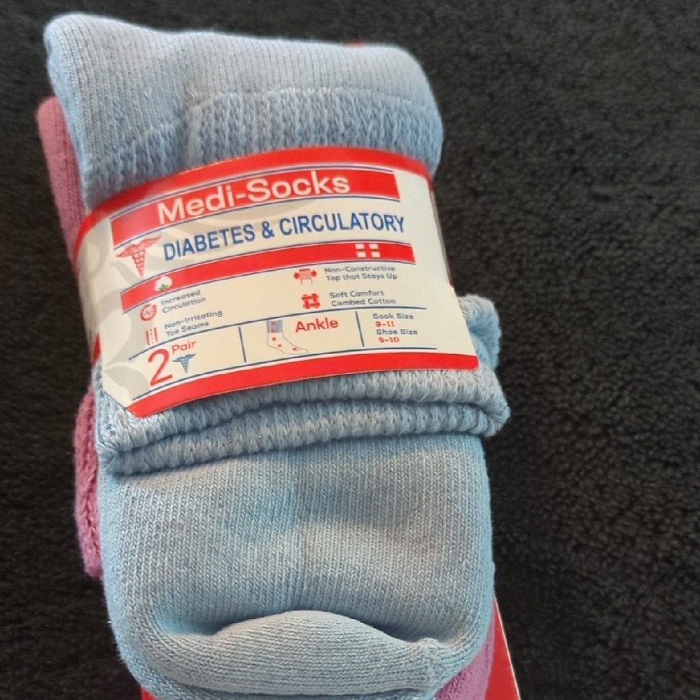 Diabetes & Circulatory Ankle Socks - Blue and Pink. Shoe Size.5-10.Women. 2 Pair